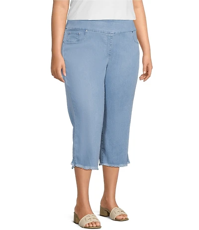 Ruby Rd. Plus Size Relaxed Fringe Hem Pull-On Denim Pants