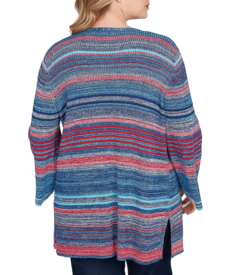 Ruby Rd. Plus Size Rib Knit Stripe 3/4 Sleeve Pocketed Open-Front Cardigan
