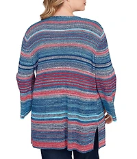 Ruby Rd. Plus Size Rib Knit Stripe 3/4 Sleeve Pocketed Open-Front Cardigan