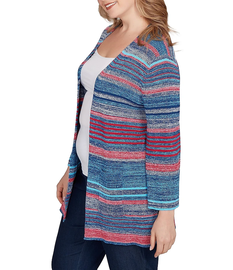 Ruby Rd. Plus Size Rib Knit Stripe 3/4 Sleeve Pocketed Open-Front Cardigan