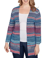 Ruby Rd. Plus Size Rib Knit Stripe 3/4 Sleeve Pocketed Open-Front Cardigan