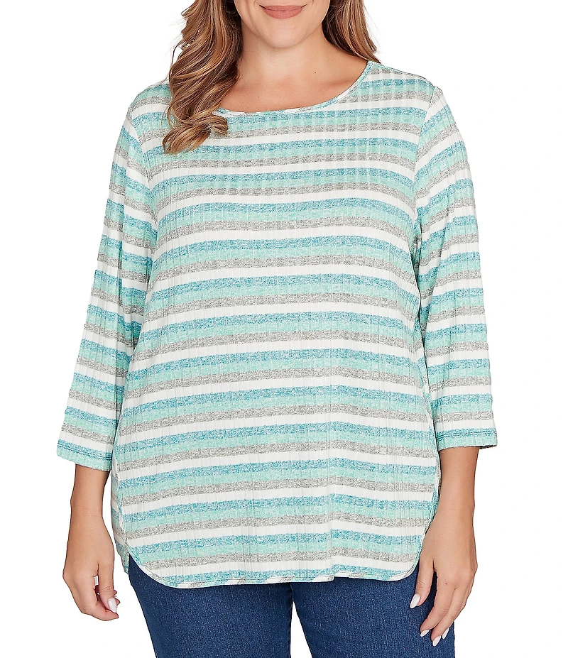 Ruby Rd. Plus Size Ribbed Knit Marled Stripe Print Ballet Neck 3/4 Sleeved Top