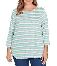 Ruby Rd. Plus Size Ribbed Knit Marled Stripe Print Ballet Neck 3/4 Sleeved Top
