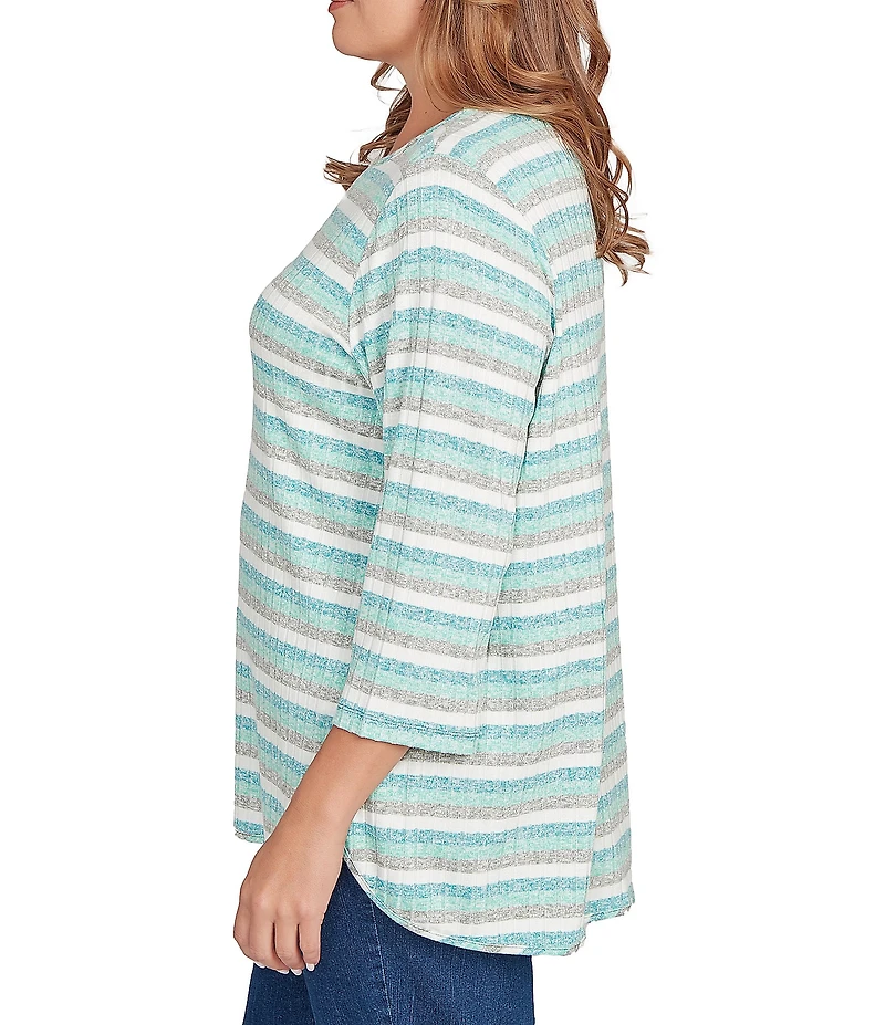 Ruby Rd. Plus Size Ribbed Knit Marled Stripe Print Ballet Neck 3/4 Sleeved Top