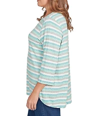 Ruby Rd. Plus Size Ribbed Knit Marled Stripe Print Ballet Neck 3/4 Sleeved Top