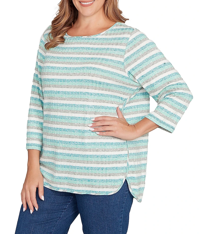 Ruby Rd. Plus Size Ribbed Knit Marled Stripe Print Ballet Neck 3/4 Sleeved Top