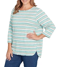 Ruby Rd. Plus Size Ribbed Knit Marled Stripe Print Ballet Neck 3/4 Sleeved Top