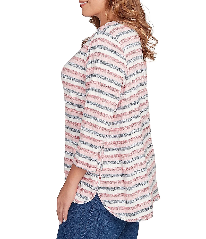 Ruby Rd. Plus Size Ribbed Knit Marled Stripe Print Ballet Neck 3/4 Sleeved Top