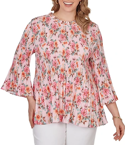 Ruby Rd. Plus Size Ruffle Scoop Neck 3/4 Bell Sleeve Floral Pleated Top
