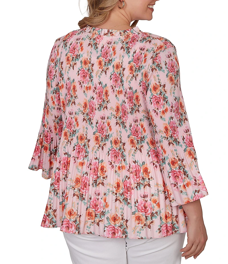 Ruby Rd. Plus Size Ruffle Scoop Neck 3/4 Bell Sleeve Floral Pleated Top