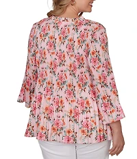 Ruby Rd. Plus Size Ruffle Scoop Neck 3/4 Bell Sleeve Floral Pleated Top