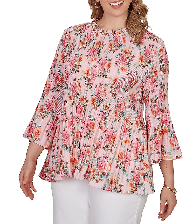 Ruby Rd. Plus Size Ruffle Scoop Neck 3/4 Bell Sleeve Floral Pleated Top
