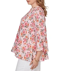 Ruby Rd. Plus Size Ruffle Scoop Neck 3/4 Bell Sleeve Floral Pleated Top