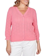 Ruby Rd. Plus Size Ruffle V-Neck 3/4 Sleeve Button Front Pointelle Cardigan