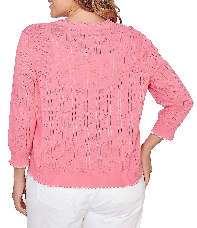 Ruby Rd. Plus Size Ruffle V-Neck 3/4 Sleeve Button Front Pointelle Cardigan