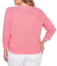Ruby Rd. Plus Size Ruffle V-Neck 3/4 Sleeve Button Front Pointelle Cardigan