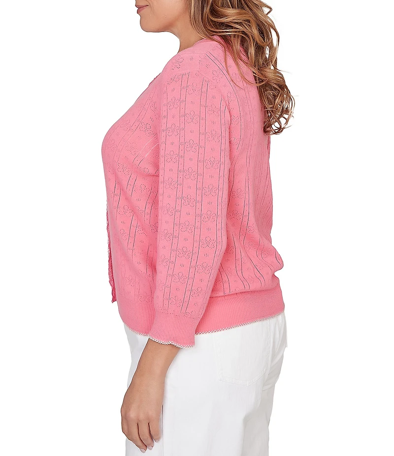 Ruby Rd. Plus Size Ruffle V-Neck 3/4 Sleeve Button Front Pointelle Cardigan