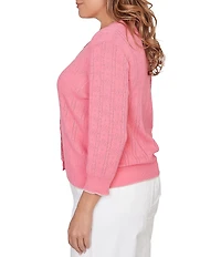 Ruby Rd. Plus Size Ruffle V-Neck 3/4 Sleeve Button Front Pointelle Cardigan