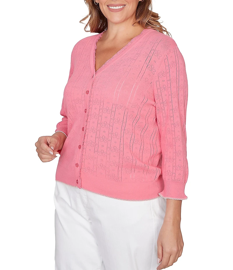 Ruby Rd. Plus Size Ruffle V-Neck 3/4 Sleeve Button Front Pointelle Cardigan