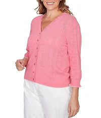 Ruby Rd. Plus Size Ruffle V-Neck 3/4 Sleeve Button Front Pointelle Cardigan