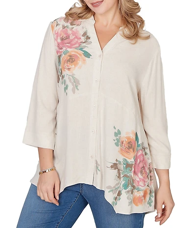 Ruby Rd. Plus Size Sand-Washed Linen Collared V-Neck 3/4 Sleeve Button Front Coordinating Tunic