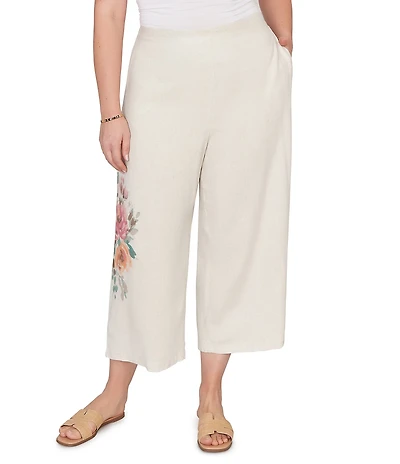 Ruby Rd. Plus Size Sand-Washed Linen Floral Placement Print Wide Leg Pull-On Coordinating Cropped Pants