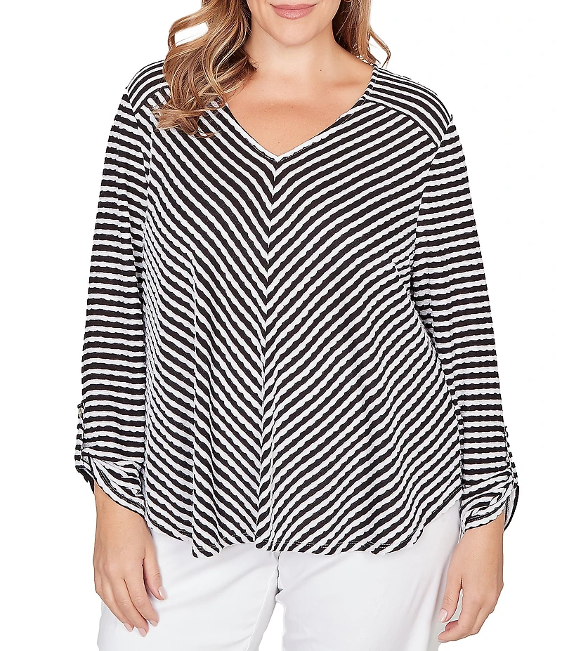 Ruby Rd. Plus Size Scalloped Stripe V-Neck 3/4 Roll-Tab Sleeve Top