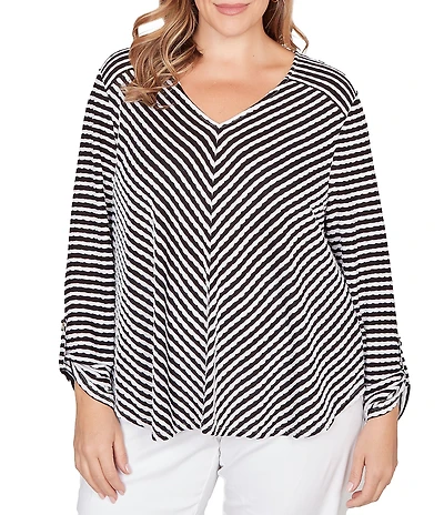 Ruby Rd. Plus Size Scalloped Stripe V-Neck 3/4 Roll-Tab Sleeve Top