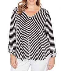 Ruby Rd. Plus Size Scalloped Stripe V-Neck 3/4 Roll-Tab Sleeve Top
