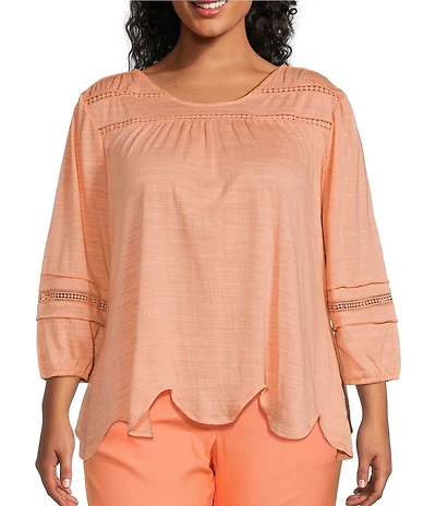 Ruby Rd. Plus Size Knit Scoop Neck 3/4 Bishop Sleeve Lace Trim Scallop Hem Top
