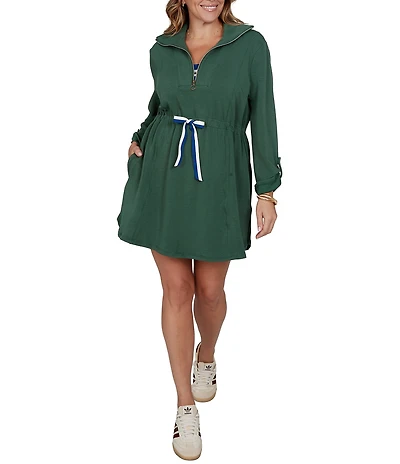 Ruby Rd. Plus Size Scuba Pique Contrast Stripe Trim Zip Front Collar 3/4 Roll-Tab Sleeve Cinched Waist A-Line Dress