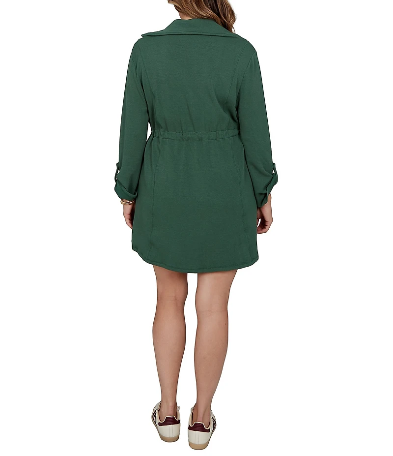 Ruby Rd. Plus Size Scuba Pique Contrast Stripe Trim Zip Front Collar 3/4 Roll-Tab Sleeve Cinched Waist A-Line Dress