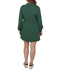 Ruby Rd. Plus Size Scuba Pique Contrast Stripe Trim Zip Front Collar 3/4 Roll-Tab Sleeve Cinched Waist A-Line Dress