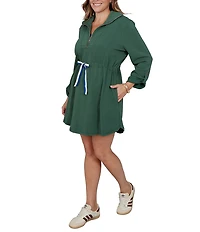 Ruby Rd. Plus Size Scuba Pique Contrast Stripe Trim Zip Front Collar 3/4 Roll-Tab Sleeve Cinched Waist A-Line Dress