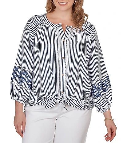 Ruby Rd. Plus Size Seersucker Woven Stripe Band Collar 3/4 Embroidered Sleeve Tie-Front Blouse