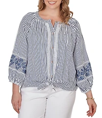 Ruby Rd. Plus Size Seersucker Woven Stripe Band Collar 3/4 Embroidered Sleeve Tie-Front Blouse