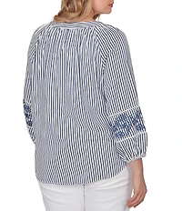 Ruby Rd. Plus Size Seersucker Woven Stripe Band Collar 3/4 Embroidered Sleeve Tie-Front Blouse