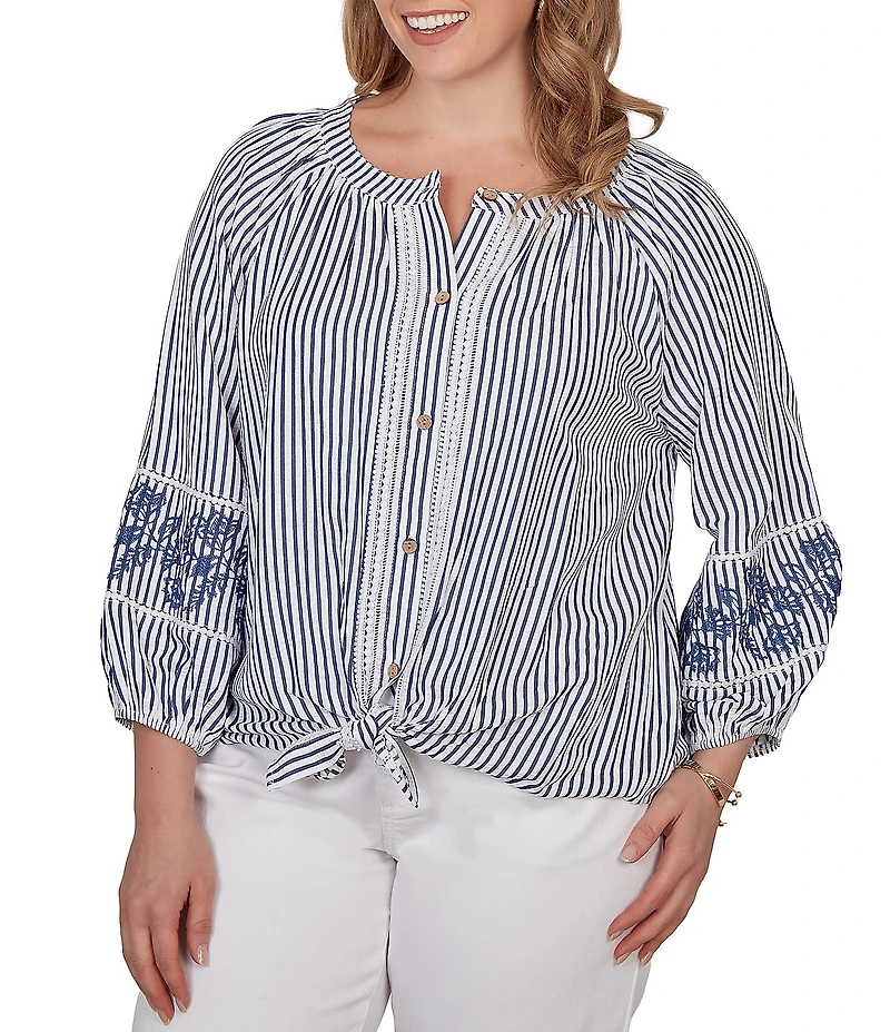 Ruby Rd. Plus Size Seersucker Woven Stripe Band Collar 3/4 Embroidered Sleeve Tie-Front Blouse
