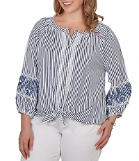 Ruby Rd. Plus Size Seersucker Woven Stripe Band Collar 3/4 Embroidered Sleeve Tie-Front Blouse