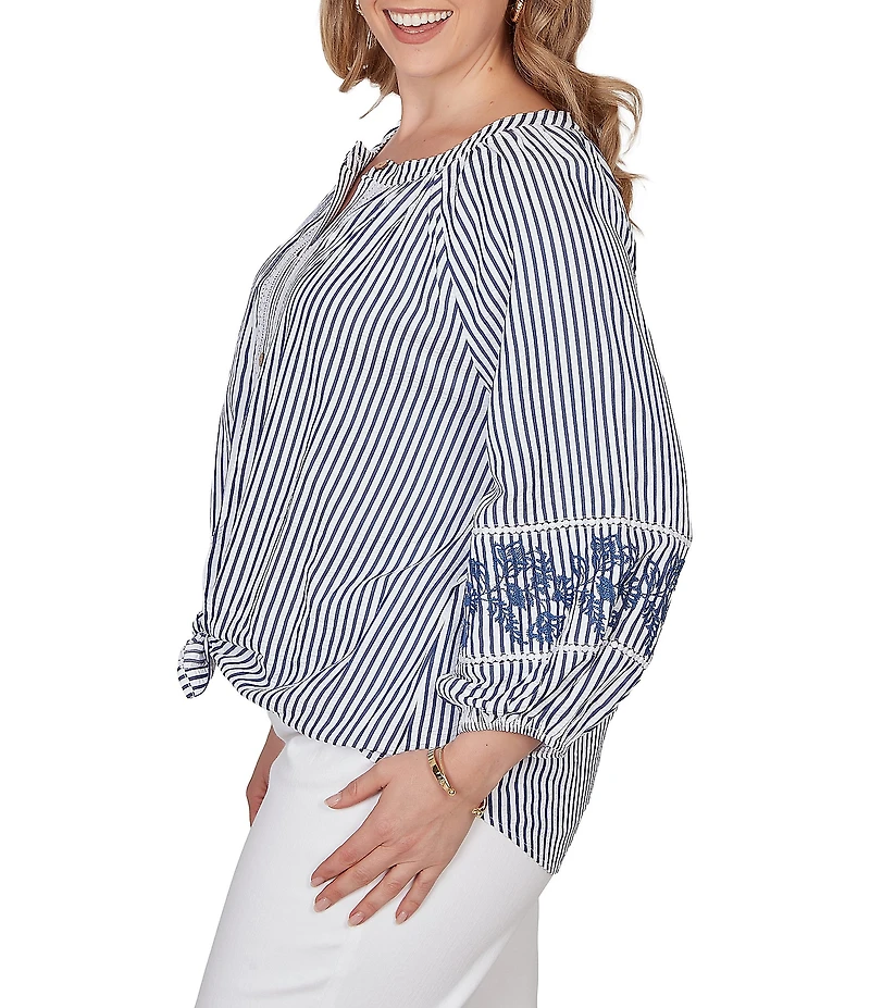 Ruby Rd. Plus Size Seersucker Woven Stripe Band Collar 3/4 Embroidered Sleeve Tie-Front Blouse