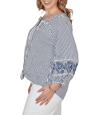Ruby Rd. Plus Size Seersucker Woven Stripe Band Collar 3/4 Embroidered Sleeve Tie-Front Blouse