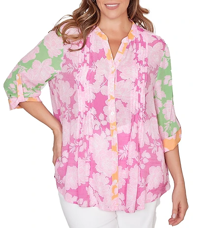 Ruby Rd. Plus Size Silky Gauze Color-Block Floral Split V-Neck Roll-Tab Sleeve Button-Front Blouse