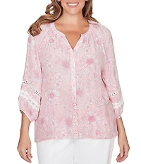 Ruby Rd. Plus Size Silky Gauze Floral Split V-Neck 3/4 Sleeve Button-Front Blouse