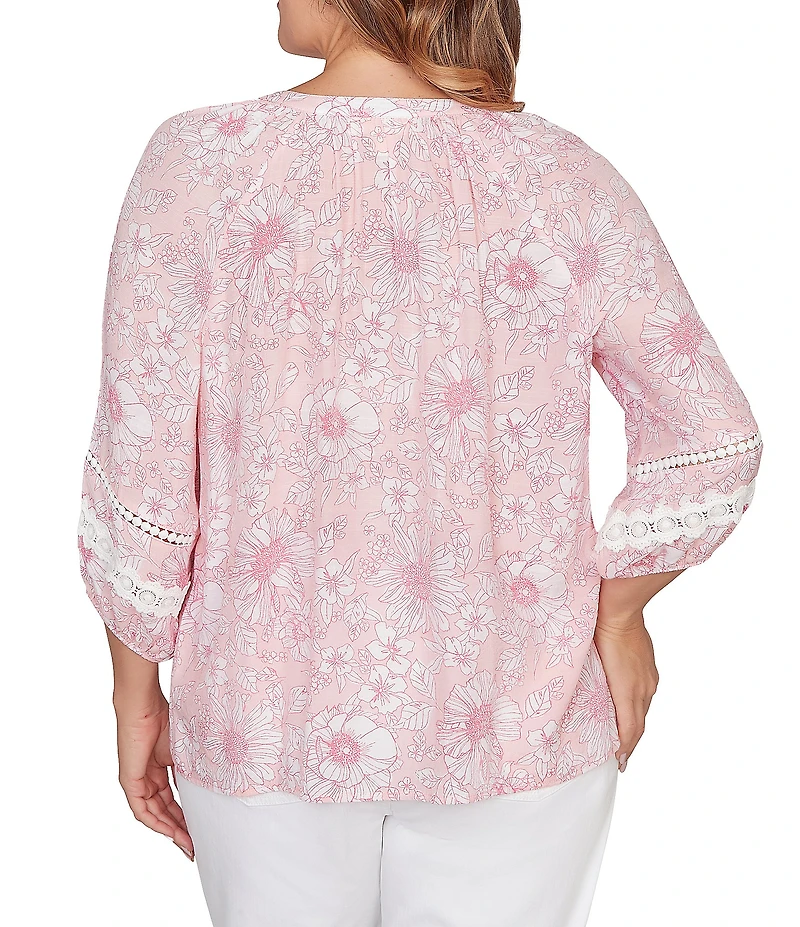 Ruby Rd. Plus Size Silky Gauze Floral Split V-Neck 3/4 Sleeve Button-Front Blouse