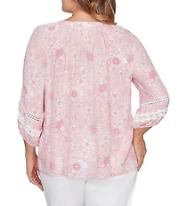Ruby Rd. Plus Size Silky Gauze Floral Split V-Neck 3/4 Sleeve Button-Front Blouse