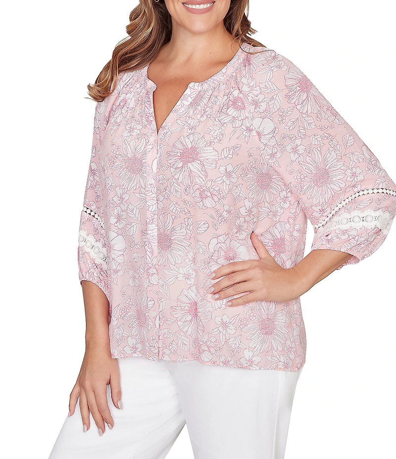 Ruby Rd. Plus Size Silky Gauze Floral Split V-Neck 3/4 Sleeve Button-Front Blouse