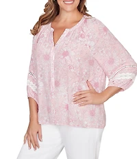 Ruby Rd. Plus Size Silky Gauze Floral Split V-Neck 3/4 Sleeve Button-Front Blouse