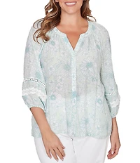 Ruby Rd. Plus Size Silky Gauze Floral Split V-Neck 3/4 Sleeve Button-Front Blouse