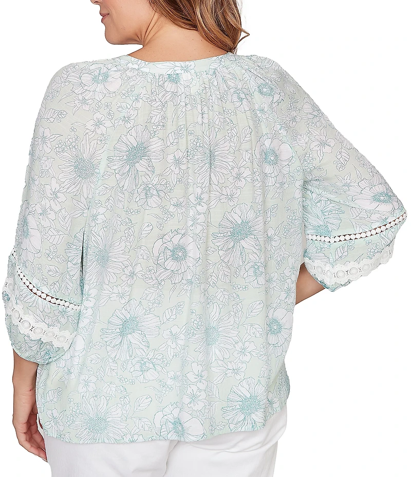 Ruby Rd. Plus Size Silky Gauze Floral Split V-Neck 3/4 Sleeve Button-Front Blouse