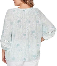 Ruby Rd. Plus Size Silky Gauze Floral Split V-Neck 3/4 Sleeve Button-Front Blouse